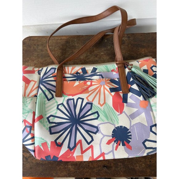 Relic Floral Tote Bag With Brown Handles Zipper Closure Multicolor Print Faux L - Picture 2 of 5